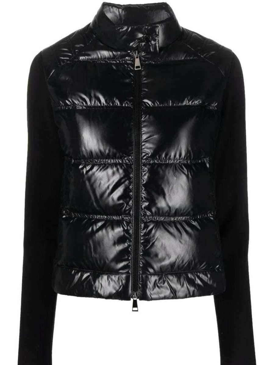 Clothing * | Moncler Black 'High Shine Padded Contrast Sleeve Cardigan'