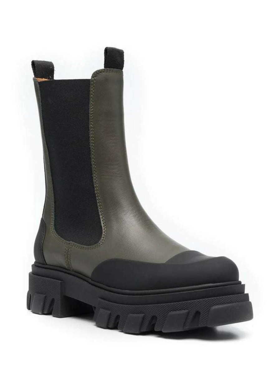 Shoes * | Ganni 'Khaki And Black Calf High Chelsea Boots' New In