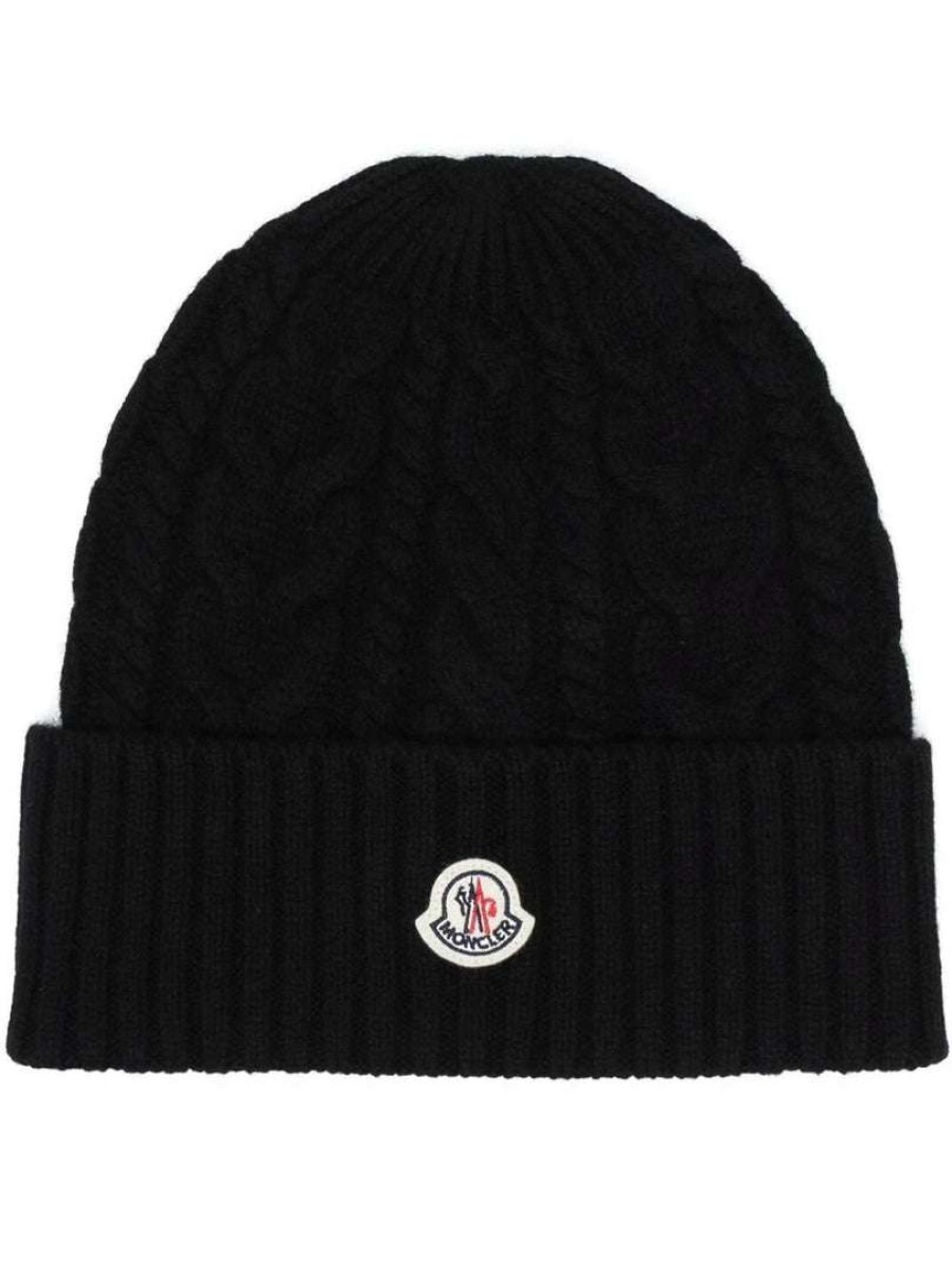 Accessories * | Moncler Black 'Logo-Patch Knitted Beanie'