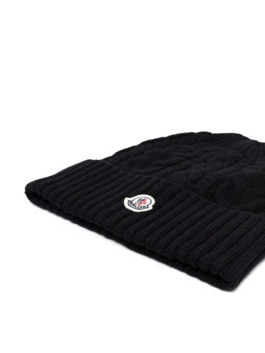 Accessories * | Moncler Black 'Logo-Patch Knitted Beanie'