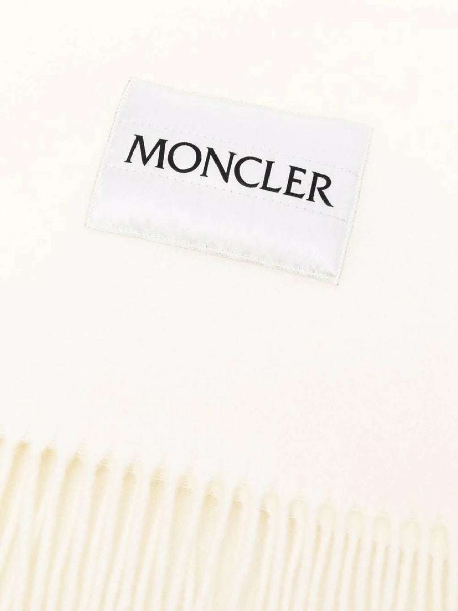 Accessories * | Moncler White 'Fringed Horizontal Logo Patch Scarf'