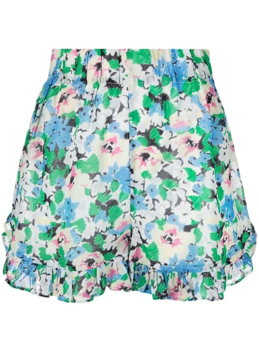 Clothing * | Ganni Blue 'Printed Sheer Shorts'