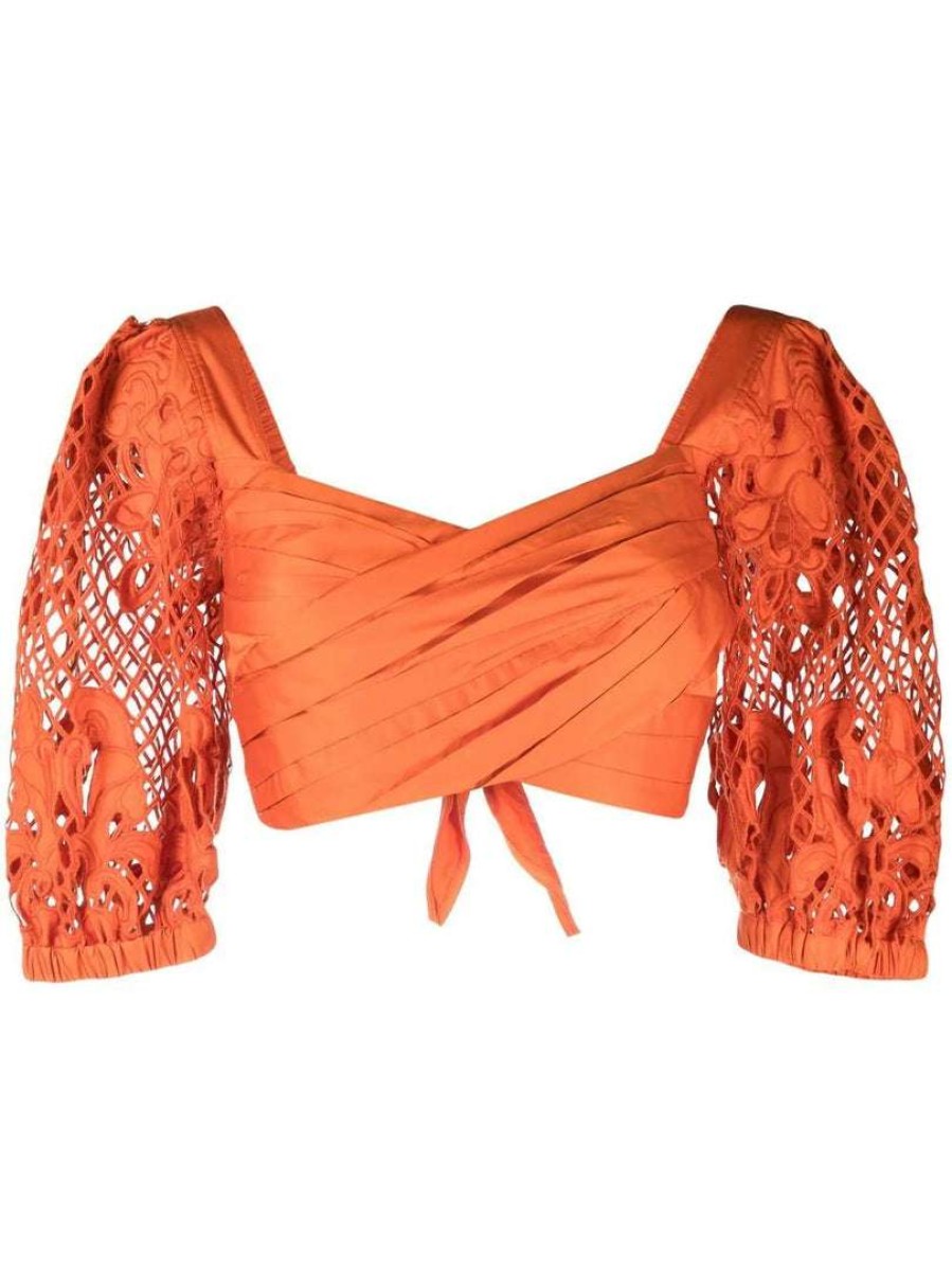 Clothing * | Self Portrait Orange 'Embroidered Puff Sleeve Crop Top'