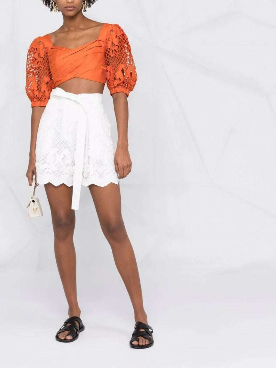 Clothing * | Self Portrait Orange 'Embroidered Puff Sleeve Crop Top'