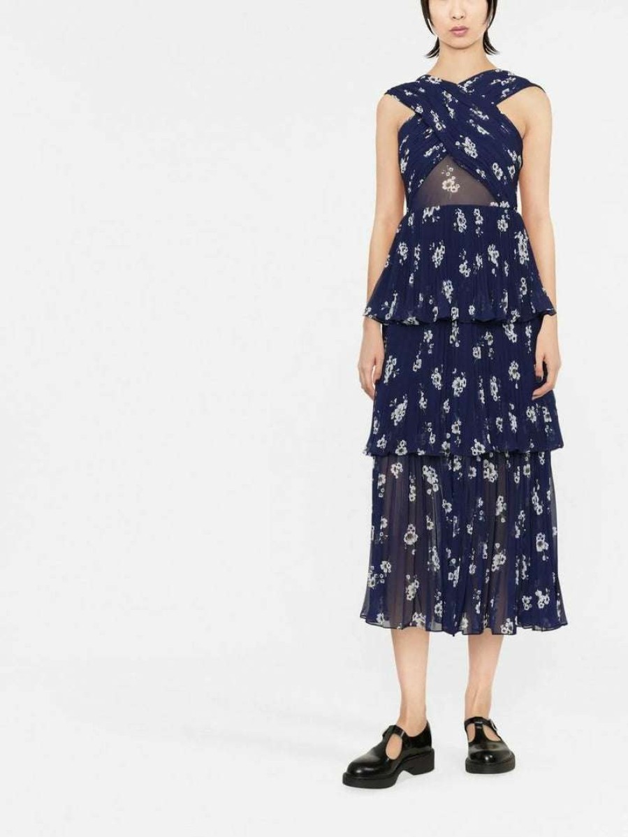 Clothing * | Self Portrait 'Pansy Print Chiffon Crossover Midi Dress'