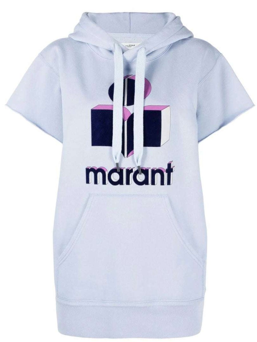 Clothing * | Isabel Marant Etoile Light Blue Oversized 'Milesy' Short Sleeve Logo Hoodie Clothing