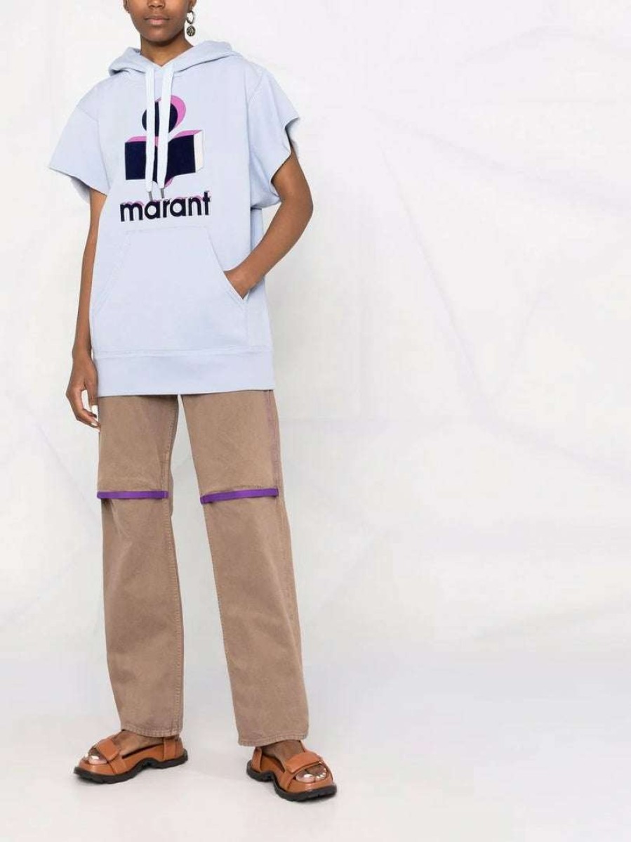 Clothing * | Isabel Marant Etoile Light Blue Oversized 'Milesy' Short Sleeve Logo Hoodie Clothing