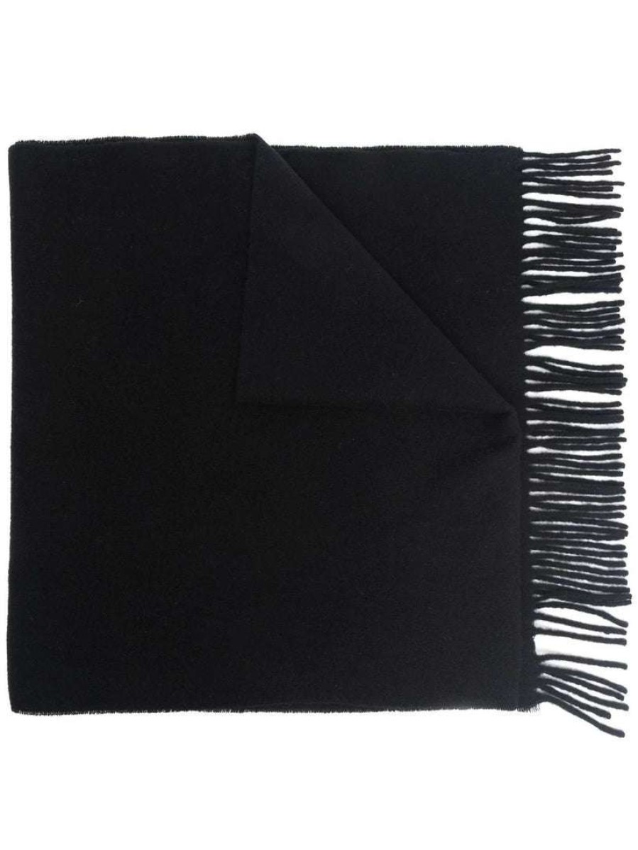 Accessories * | Moncler Black 'Fringed Horizontal Logo Patch Scarf'