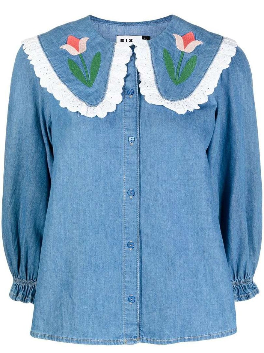 Clothing * | Rixo London Denim 'Davina' Tulip Embroidered Shirt