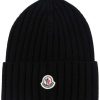 Accessories * | Moncler Black 'Ribbed Logo Beanie Hat'