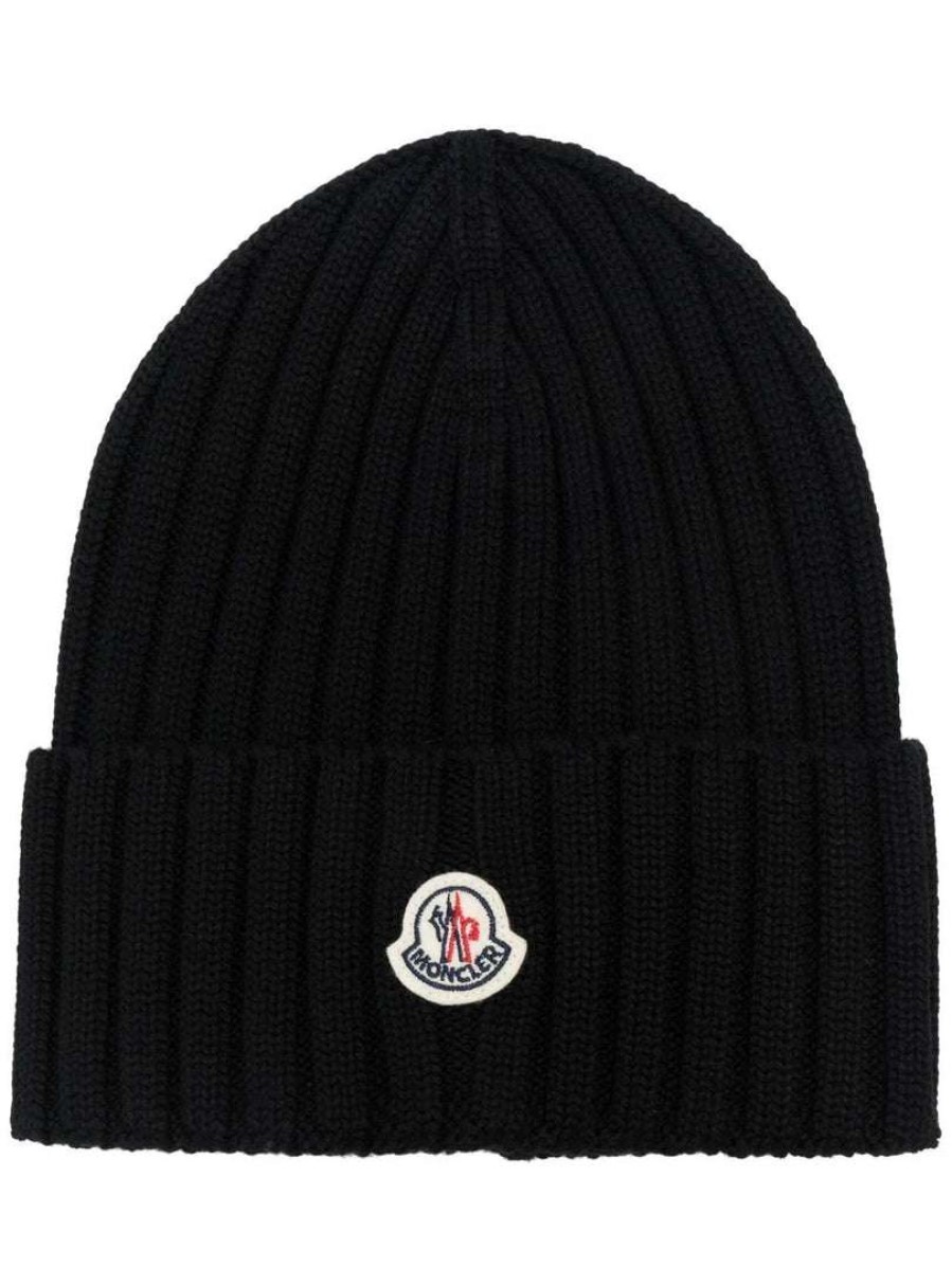 Accessories * | Moncler Black 'Ribbed Logo Beanie Hat'