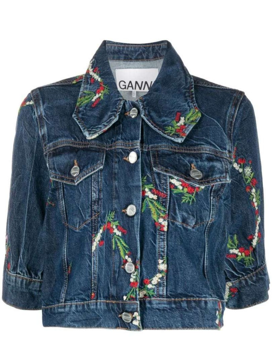 Clothing * | Ganni New In 'Floral Embroidered Cropped Denim Jacket'