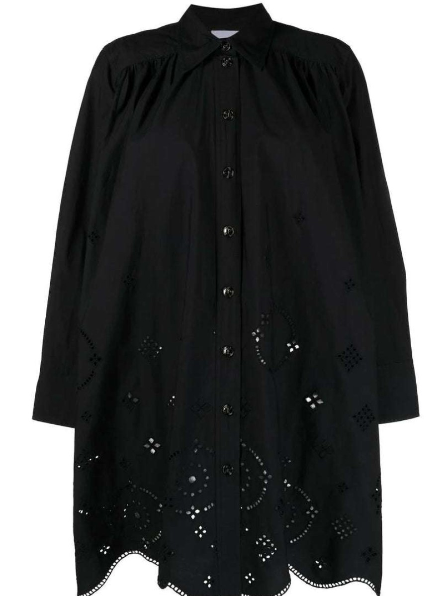 Clothing * | Ganni Black 'Broderie Anglaise Mini Shirt Dress'