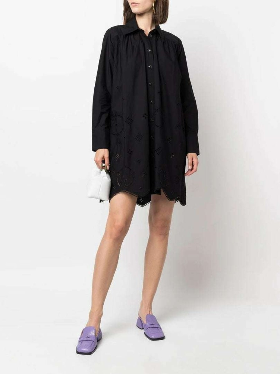 Clothing * | Ganni Black 'Broderie Anglaise Mini Shirt Dress'