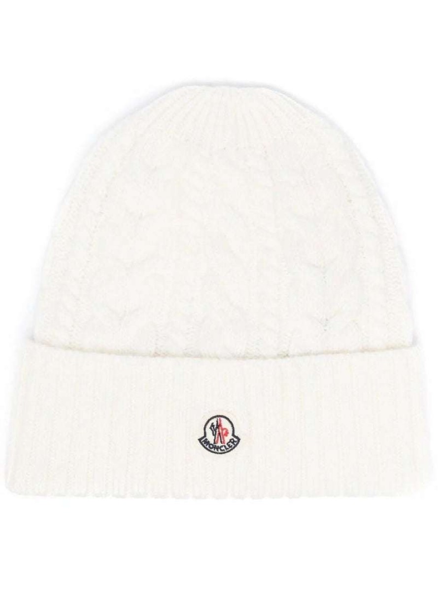 Accessories * | Moncler White 'Logo-Patch Knitted Beanie'