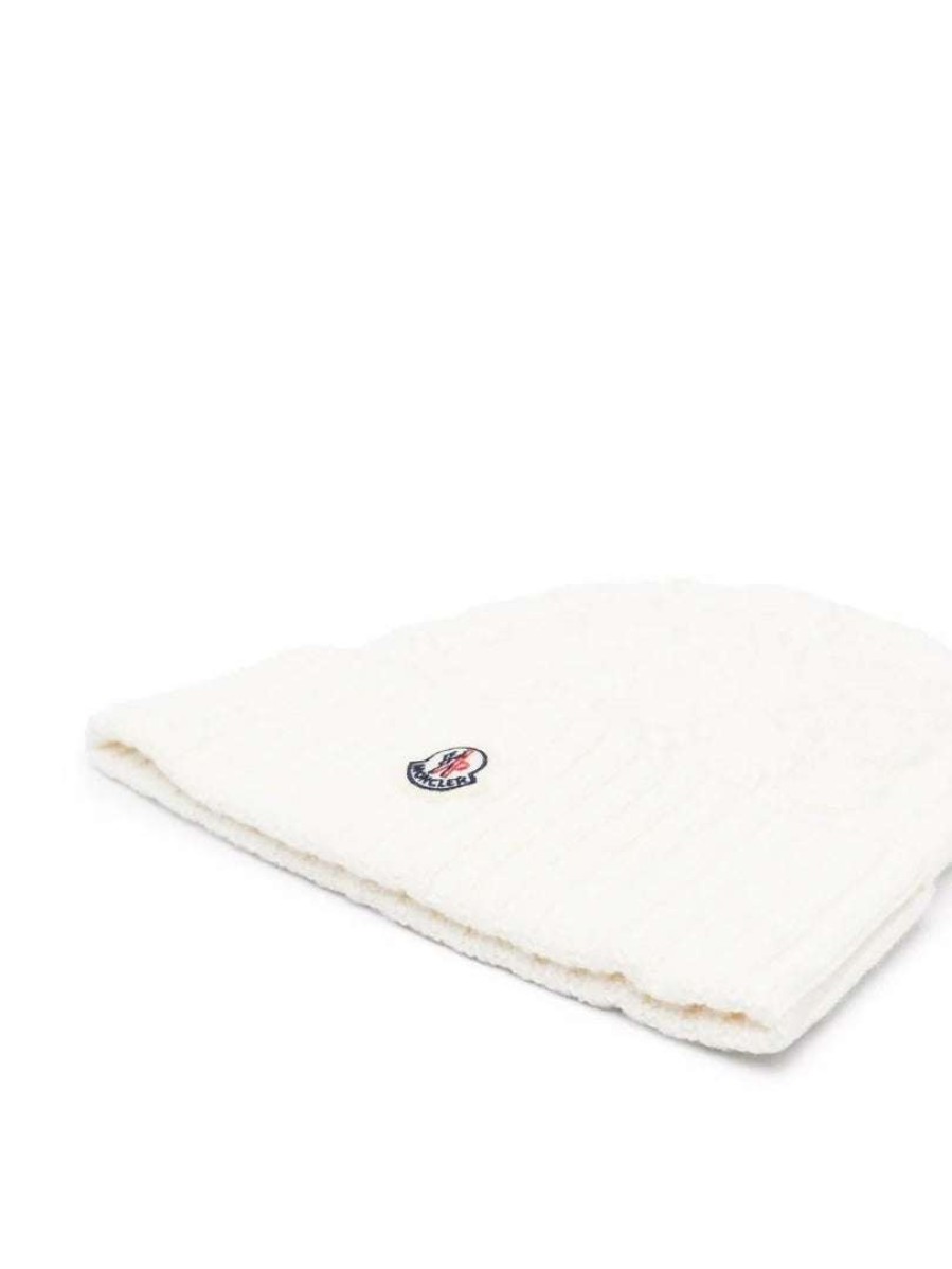 Accessories * | Moncler White 'Logo-Patch Knitted Beanie'