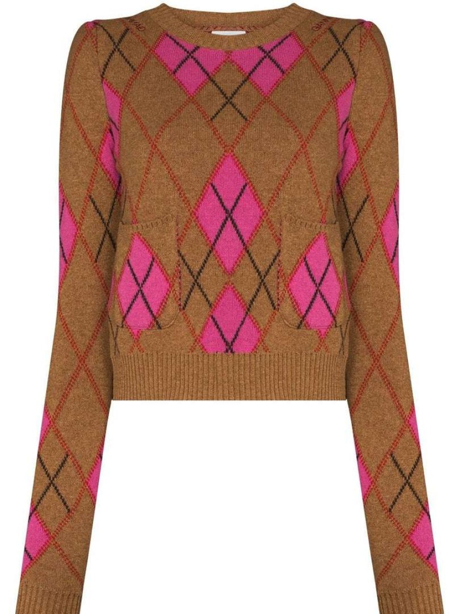 Clothing * | Ganni Brown And Pink 'Argyle Check Fitted Sweater'