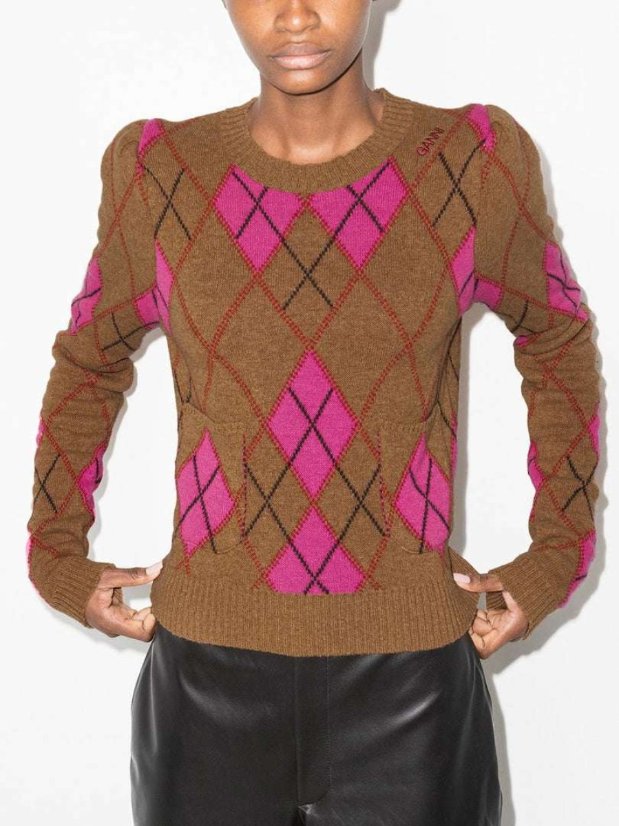 Clothing * | Ganni Brown And Pink 'Argyle Check Fitted Sweater'