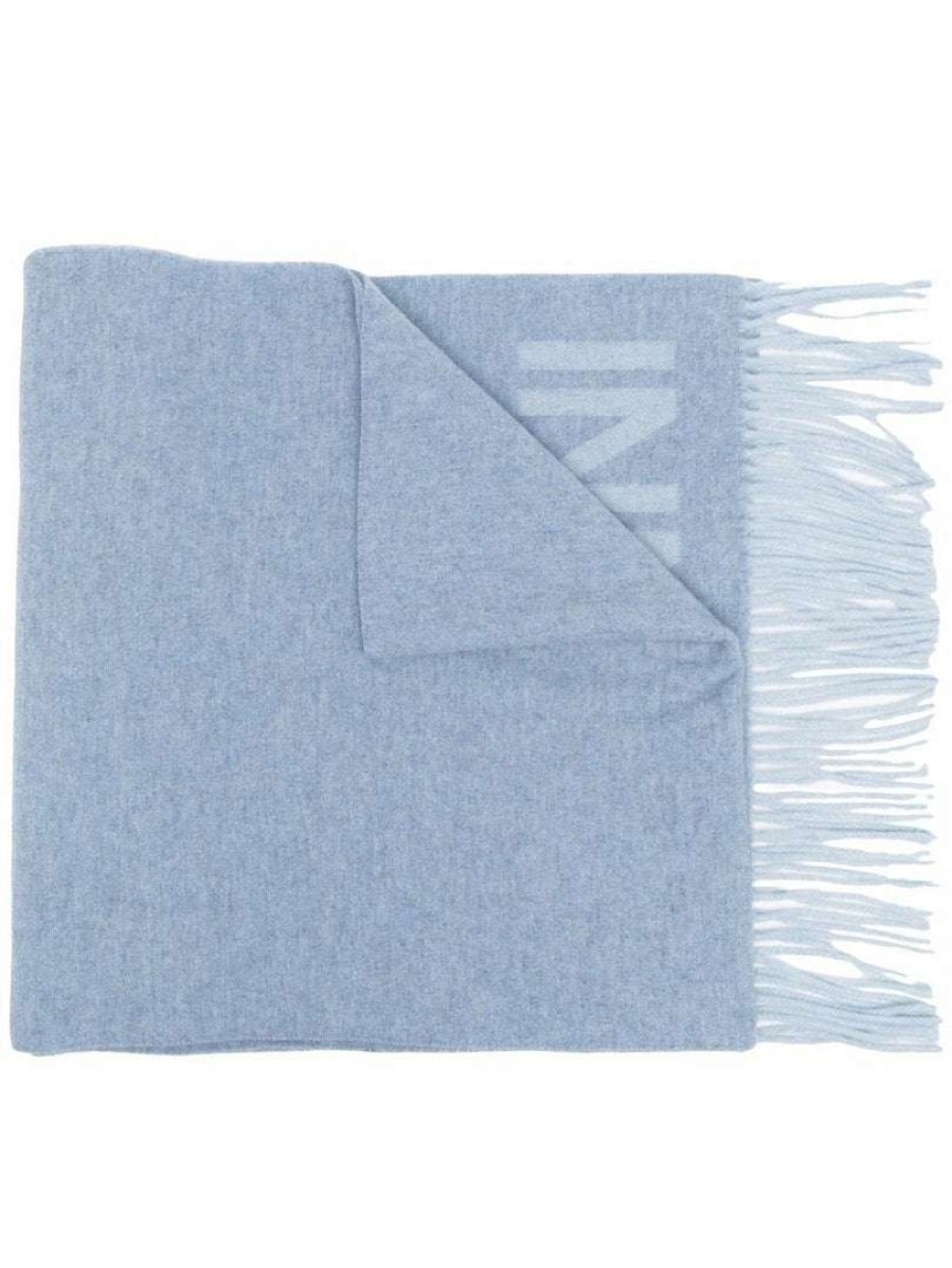 Accessories * | Ganni Blue 'Wool Logo Fringed Scarf'