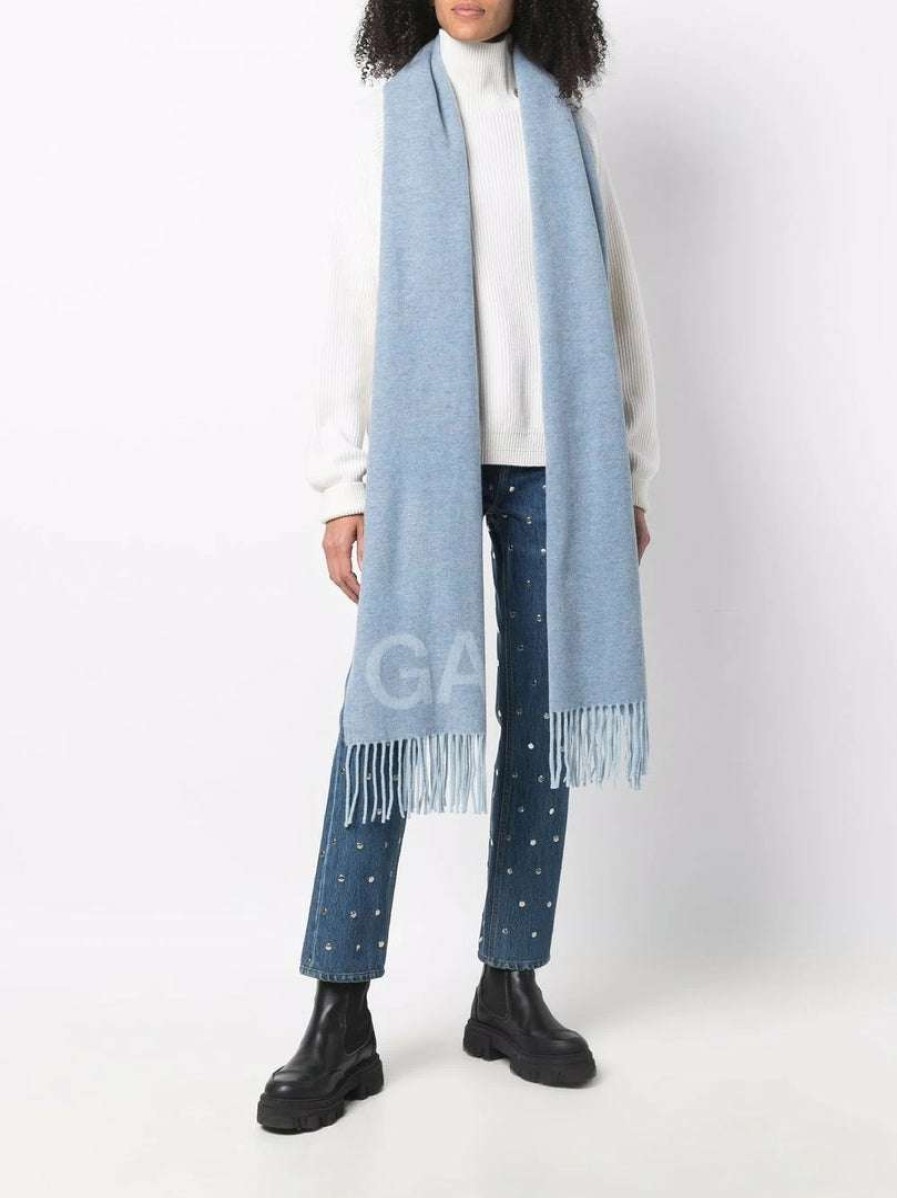 Accessories * | Ganni Blue 'Wool Logo Fringed Scarf'